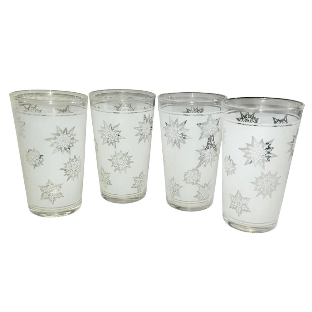 Vintage White Frosted Atomic Snowflake 10 Oz Federal Glass Tumblers Set Of 4 MCM